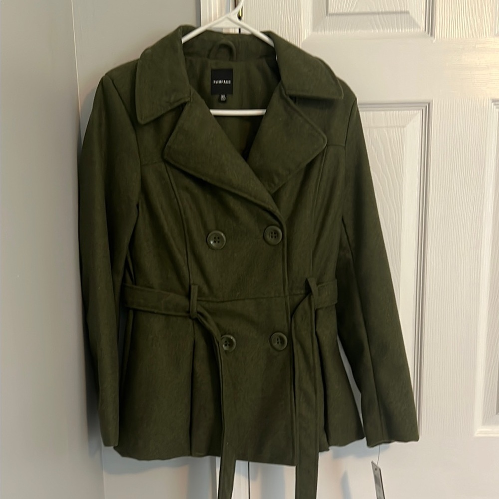 Rampage Green Pea Coat Double-Breasted Belted